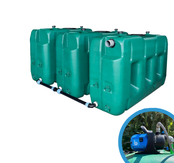 3 gekoppelde watertanks van 3000l met pomp