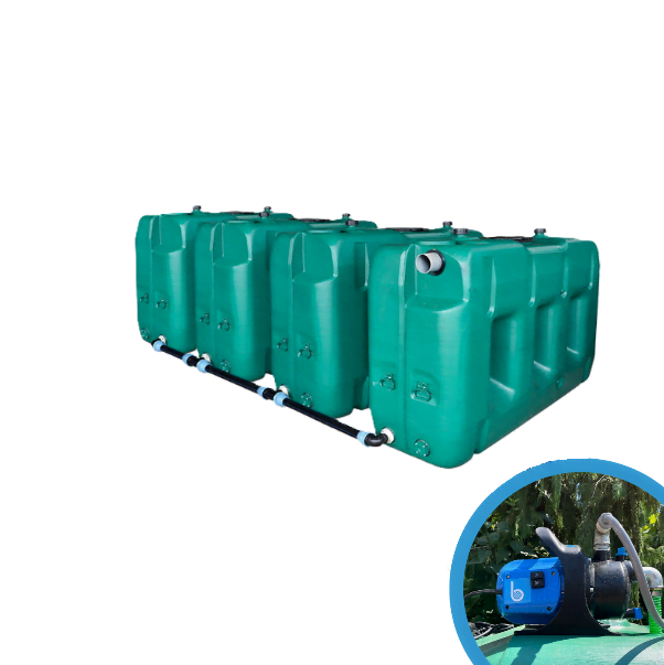 4 gekoppelde watertanks van 3000l met pomp