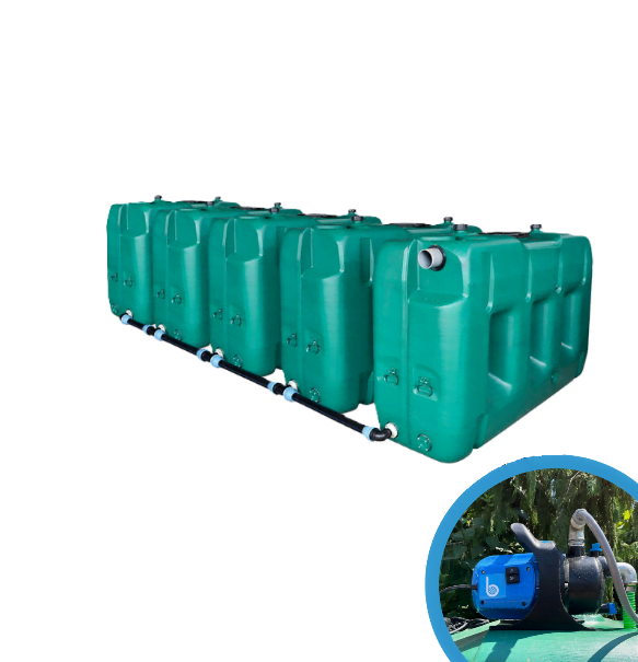 5 gekoppelde watertanks van 3000l met pomp